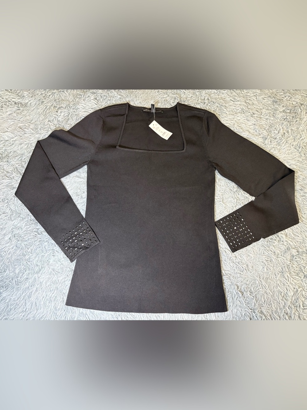 NWT White House Black Market Black Long Sleeve Square Neck with Studded Cuffs
